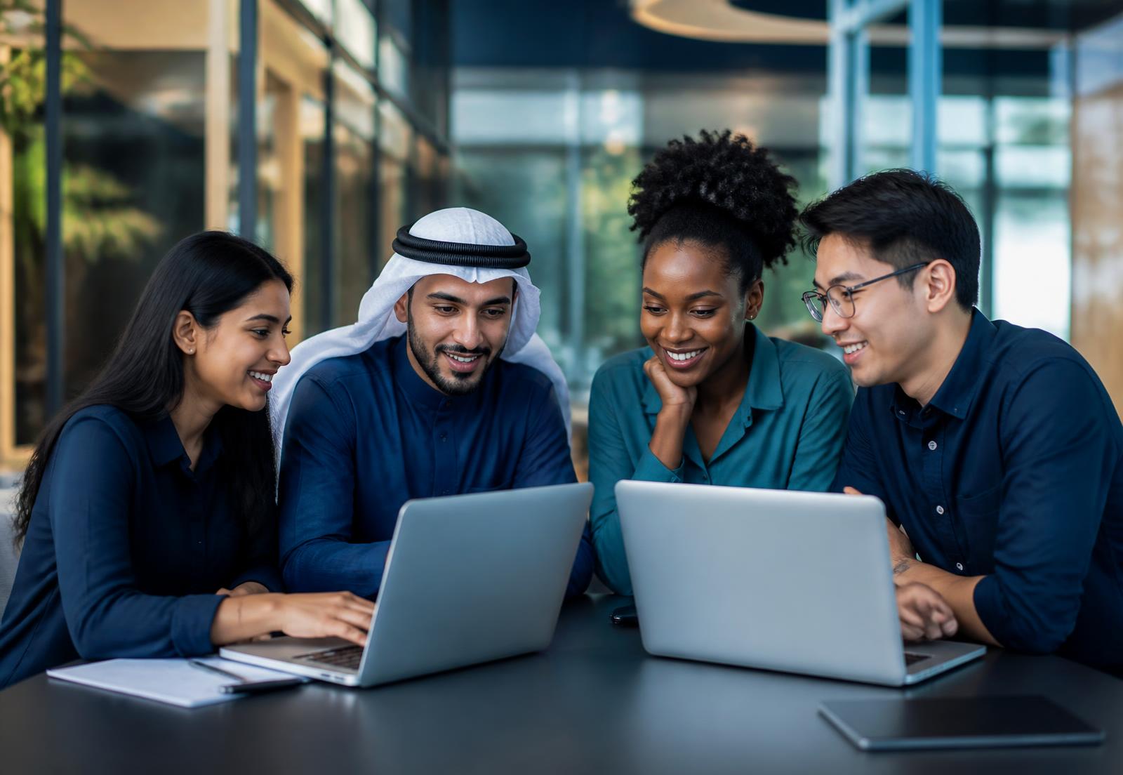 Diverse international learners studying together on laptops